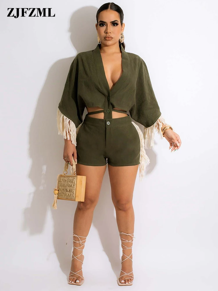 

Homecoming Drawstring Two Piece Set Women Deep V-neck Tassel Batwing Sleeve Top + Solid Bandage Biker Shorts Female Tracksuits