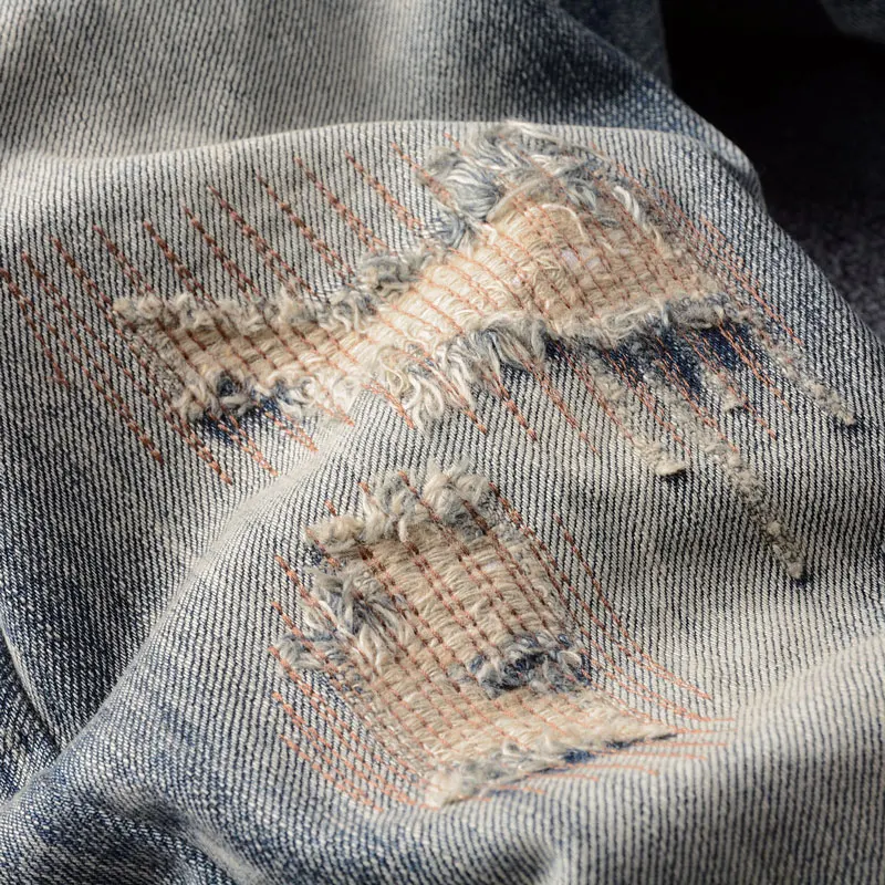 Newly Designer Fashion Men Jeans Retro Washed Slim Fit Ripped Jeans Men Distressed Patched Trousers Vintage Denim Pants Hombre