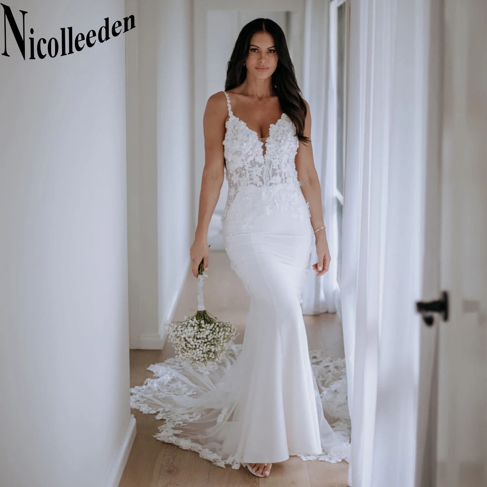 

Nicolle Modern V-Neck Wedding Dresses For Bride Mermaid Tulle Lace Appliques Spaghetti Straps Backless Court Train Custom Made
