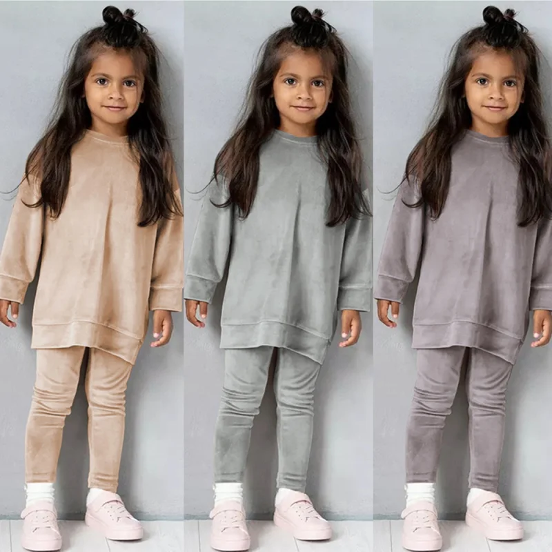 

2023 Spring Kids Girl Velvet Suit Long Sleeve Pants Solid Clothes For Infant Toddler Boy Pullover Sweatshirt Set Teenage Outfits