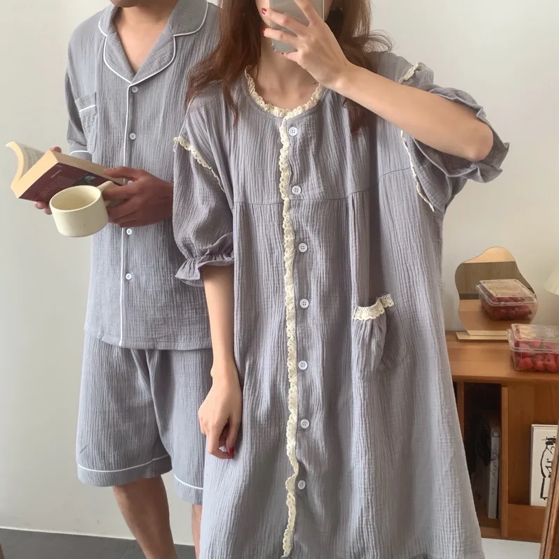 

Lace Patchwokr Summer Nightgown Women O-Neck Short Sleeve Sweet Long Sleepwear Cottonn Couple Lovers Pockets Nightdress