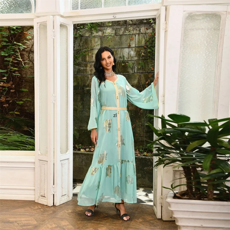 Ramadan Chiffon Long Dresses Muslim Fashion Dubai Abaya Printed Button Lace Tape Belted Robe Party Maxi Dress Women Clothing