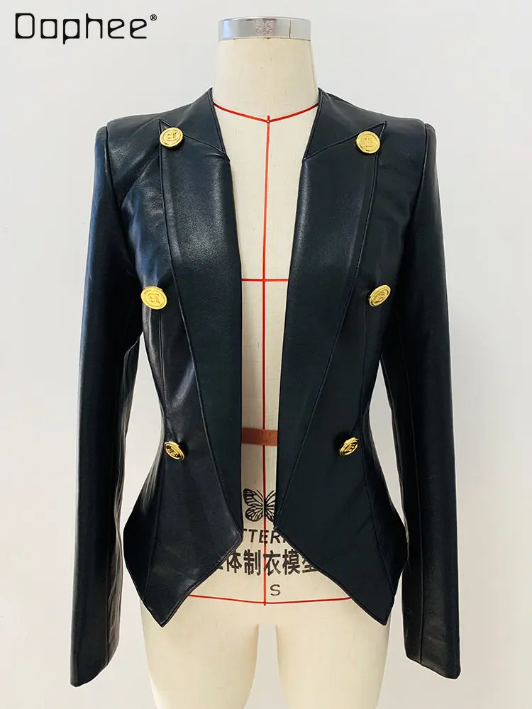 2022 Autumn and Winter New Fashion Elegant Leather Jacket Women Metal Double-Breasted Slim-Fit Collarless Leather Blazer Jacket enlarge