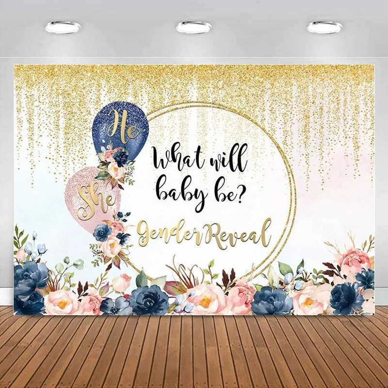 

He or She Gender Reveal Golden spot Backdrop Pink Blue Boy Girl What Will Baby Be Photography Background Party Decoration Banner