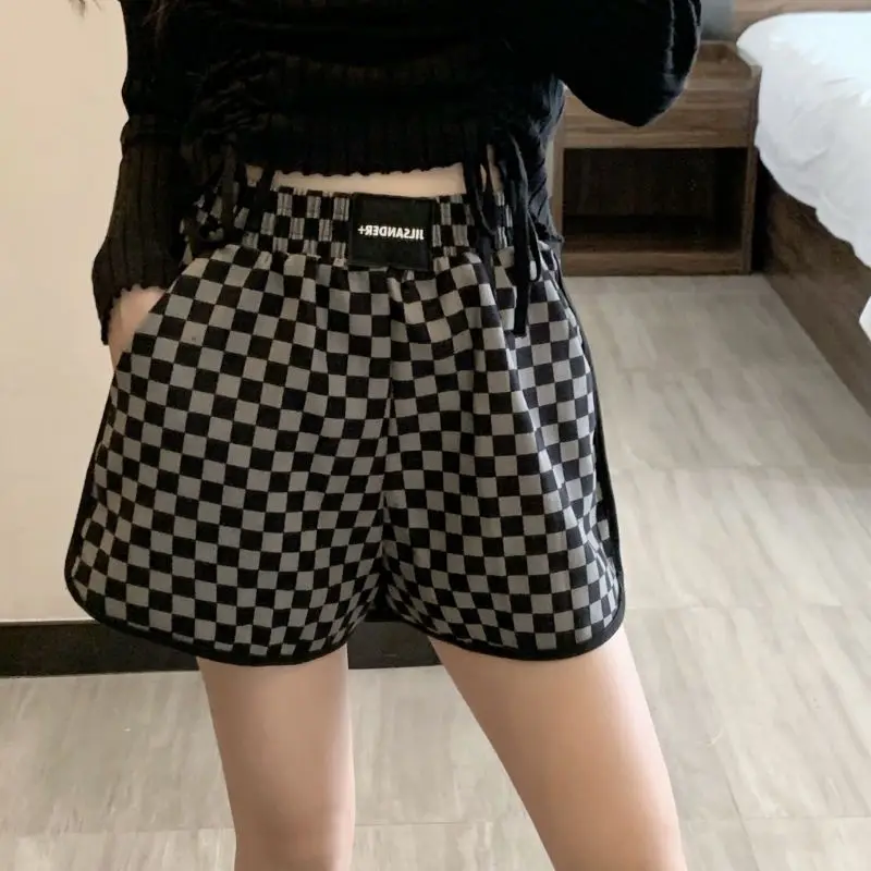 Summer New Plaid Sports Pants Ladies Elastic Waist Loose Versatile Wide Leg Shorts Casual Fashion Women Clothing