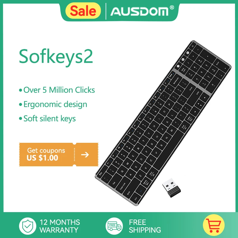 

AUSDOM Sofkeys2 Wireless Dual Bluetooth 5.0 World Premiere 2.4G Desktop Keyboard Business Office Home Computer Laptop 98 Keys