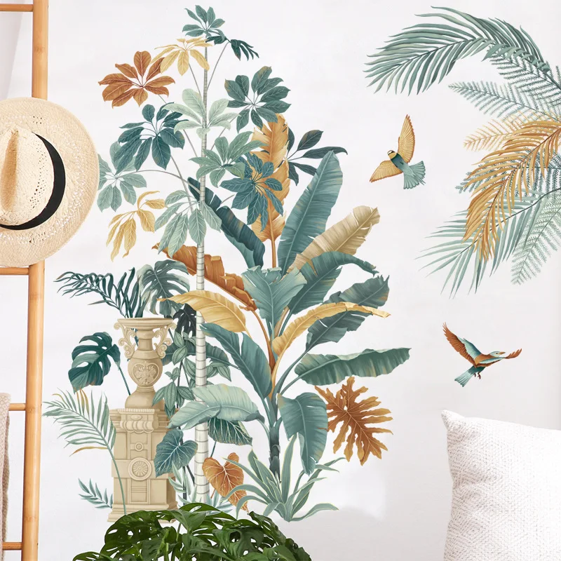 

Banana Tree Monstera Green Planting Wall Sticker Sofa Bedroom Background Decorative Sticker Flying Bird Big Tree Removable