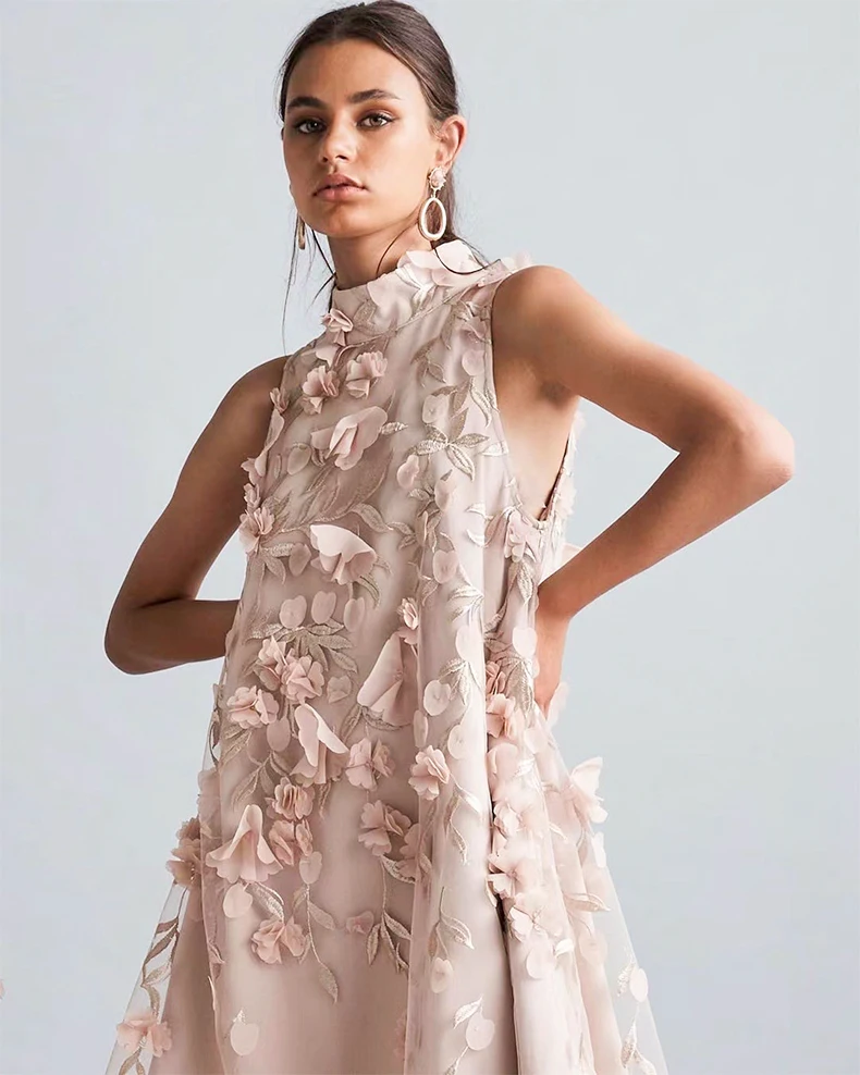 

Women's 3D Flower Stand Collar Sleeveless Holiday Mini Dress