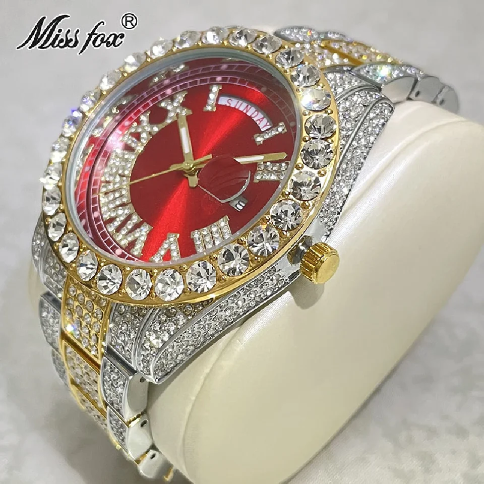 

Hip Hop Brand MISSFOX Iced Out Diamond Watches Men Luxury Fashion Gold Red Wrist Watch Automatic Date Week Jewelry Clocks Male