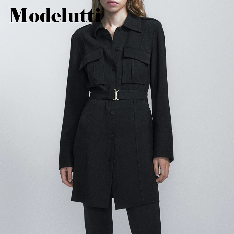

Modelutti 2022 Autumn Winter New Fashion Long Sleeve Lapel Single-breasted Belt Short Dresses Women Solid Elegant Casual Female