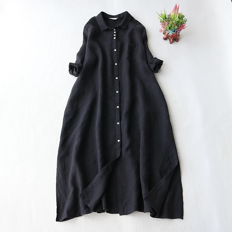 

Limiguyue Long Linen Dress Women Vintage Shirt Turn Down Neck Dresses Simple Loose Single Breasted Dress Summer Literary J234