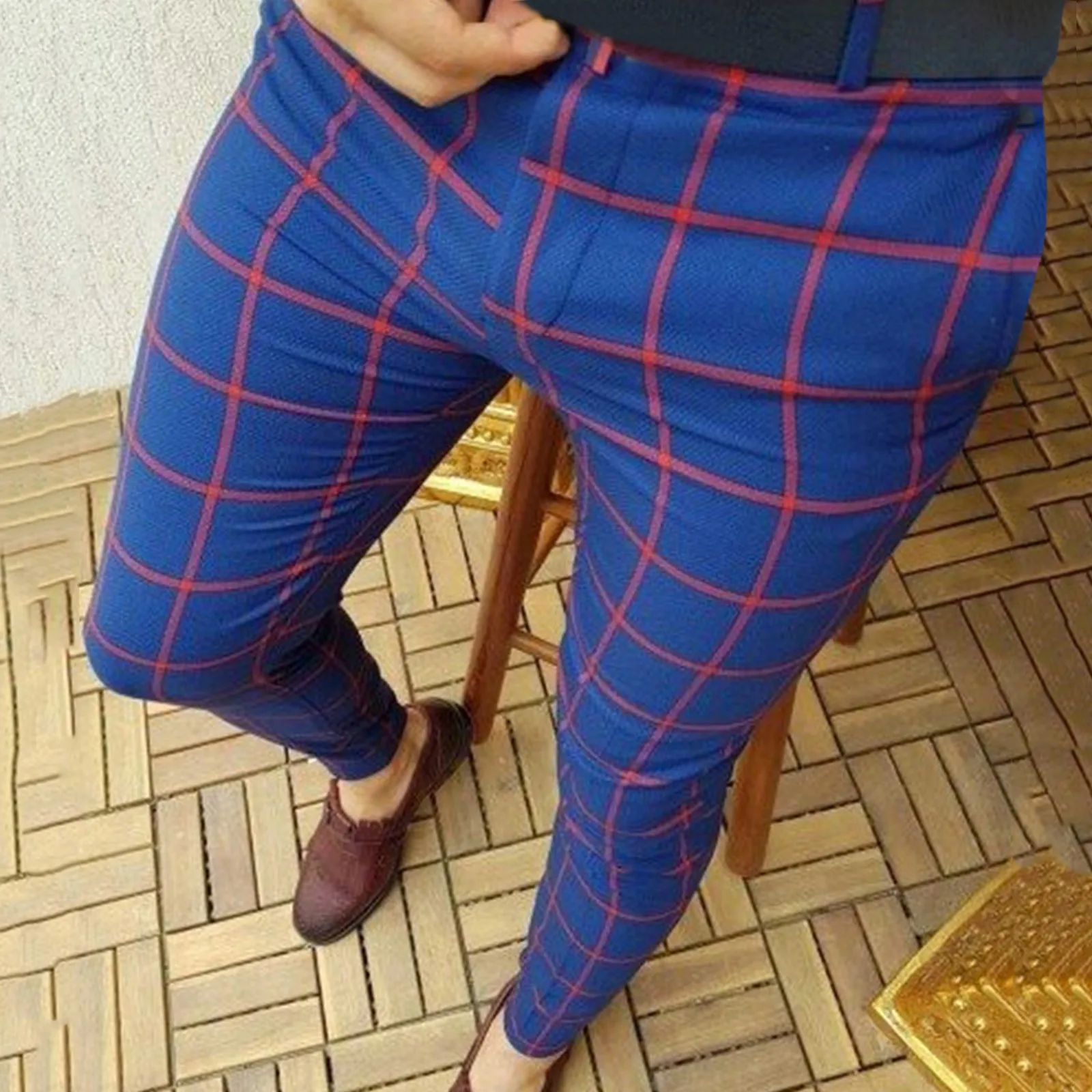 

Men's Casual Plaid Print Party Suit Pants Stretch Feet Pants With Pockets