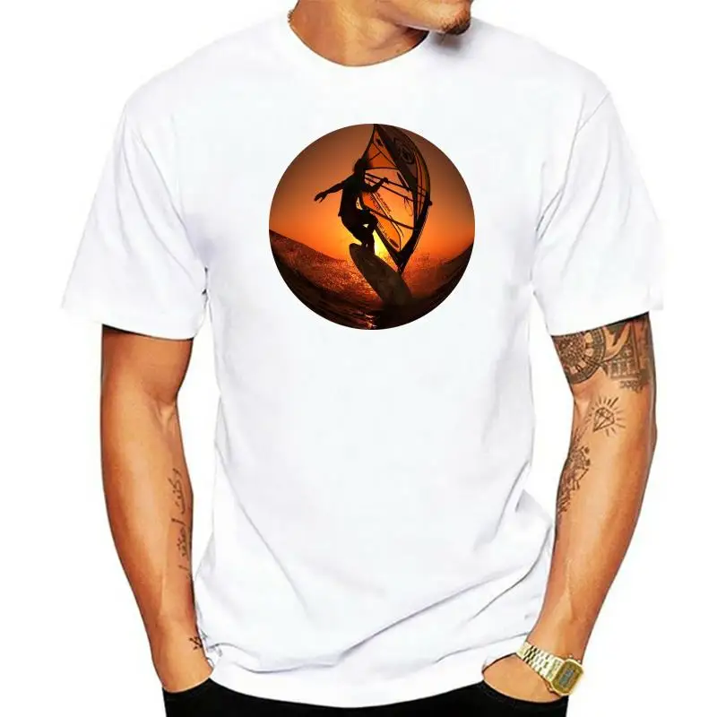

Windsurfing Ocean Waves Orange Circle Awesome Design Men Black T-shirt O-neck Custom Team Tee Shirts Cotton Fabric