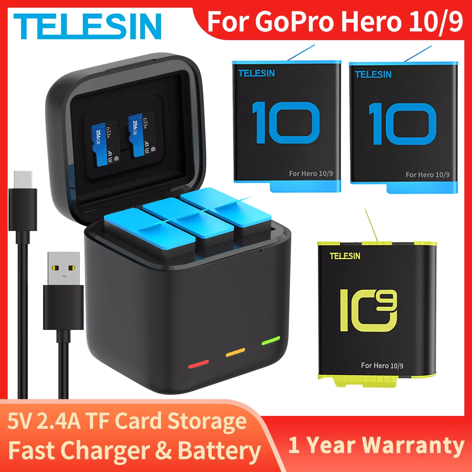 

TELESIN Battery 1750 mAh For GoPro Hero 10 3 Way LED Light Battery Fast Charger Box TF Card Storage For GoPro Hero 9 Accessories