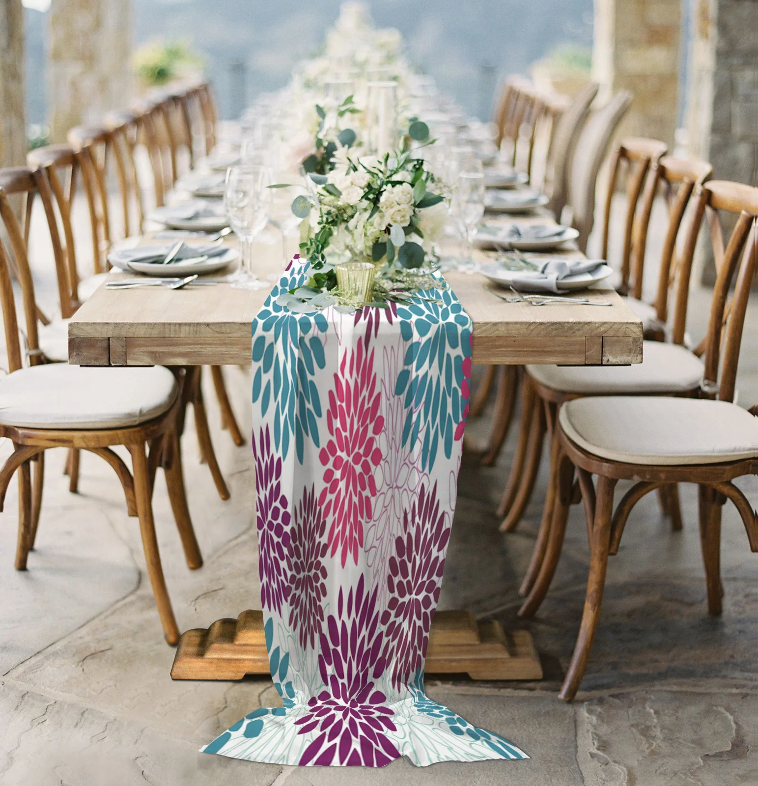 

Flower Tile Bloom Carnation Chiffon Table Runner for Wedding Celebration Banquet Festival Party Backdrop Decor