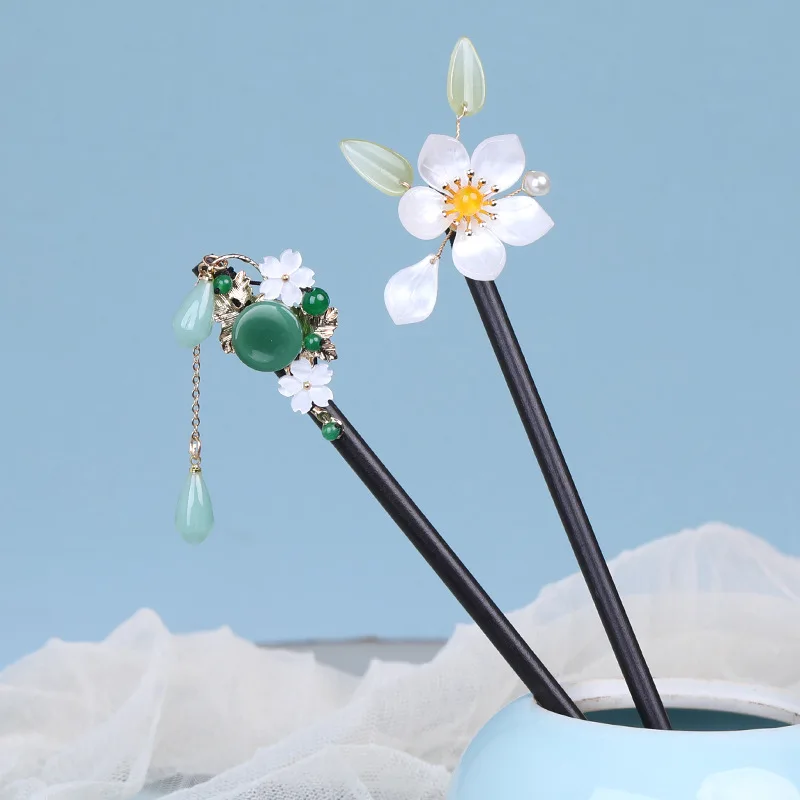 

Refresh elegant Imitation jade flower wooden hairpins ancient Style buyao hairpins Ethnic Headdress women gift Wholesale