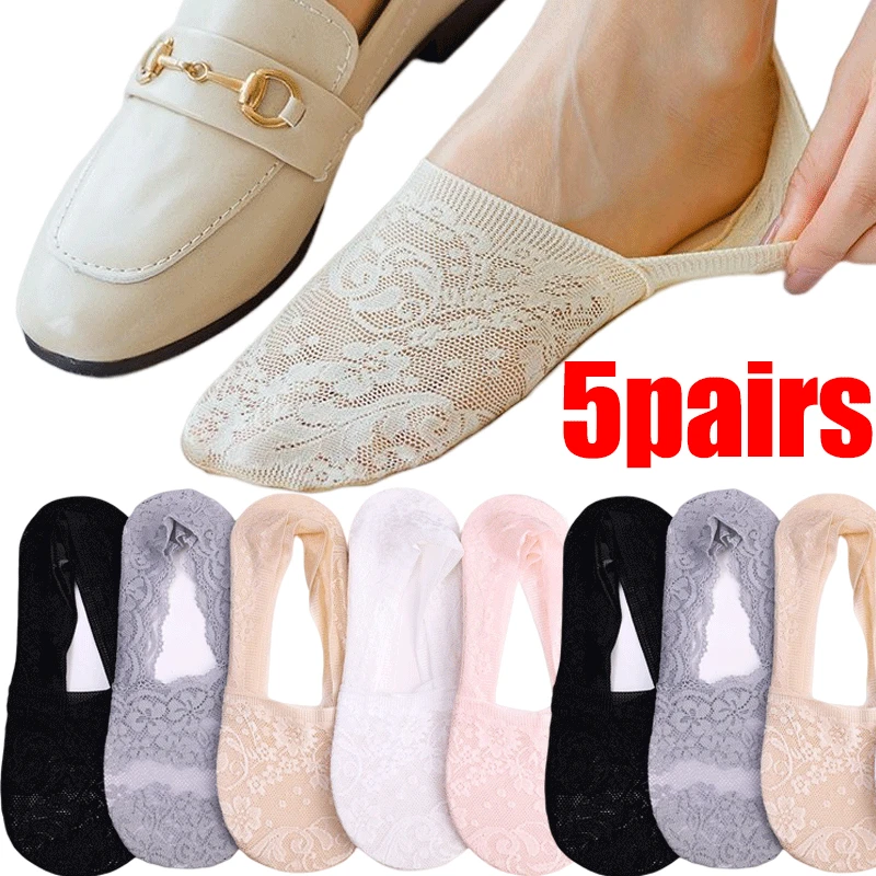 5Pairs Fashion Women Girls Summer Socks Style Lace Flower Short Sock Silicone Non-Slip Invisible Breathable Boat Ankle Socks