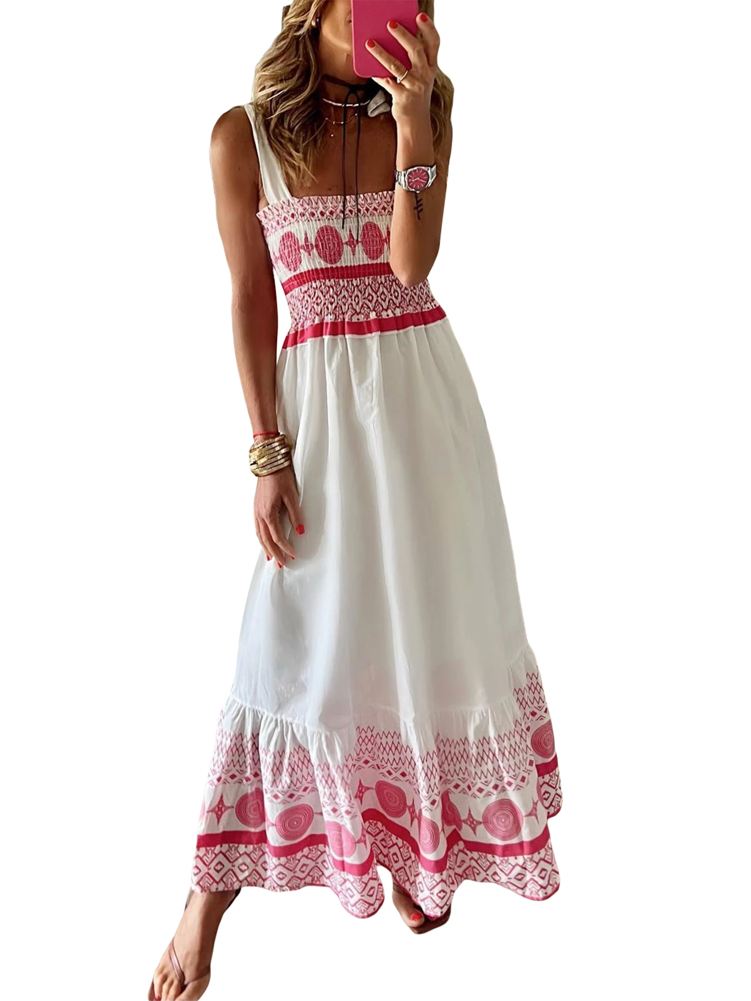 

Women Off Shoulder Floral Print Boho Maxi Dress with Ruffle Hem and Smocked Waist for Beach Vacation