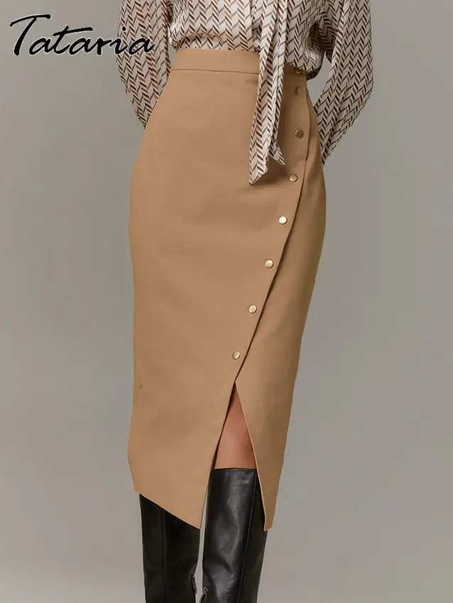 

Khaki Wrap Skirts for Women 2023 Spring Elegant Simple Buttons Slit A Line Midi Skirts Black Sexy Slim High Waist Bodycon Skirt