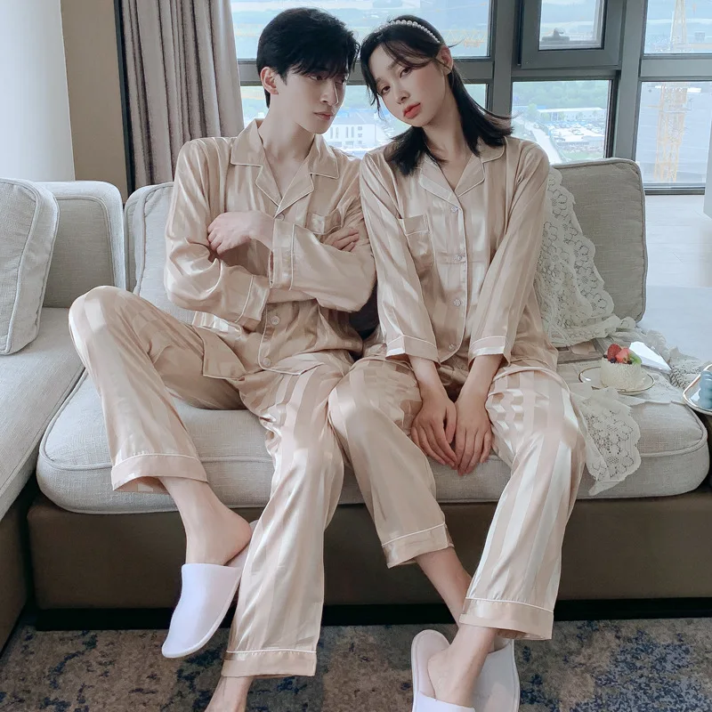 Women Pajama Set Silk Couple Pajamas Lapel Pyjamas Ice Silk Pijama pjs Sleepwear Long Sleeve Shirt Pants Homewear Loungewear