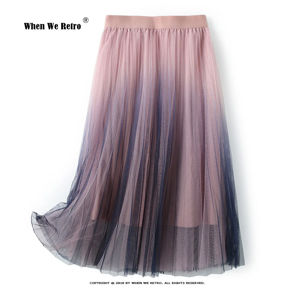 

New Midi Long Tulle Skirt Womens Spring Summer Elegant Gradient Pleated Skirts Korean High Waist Pink A-line Mesh Skirts WF0185