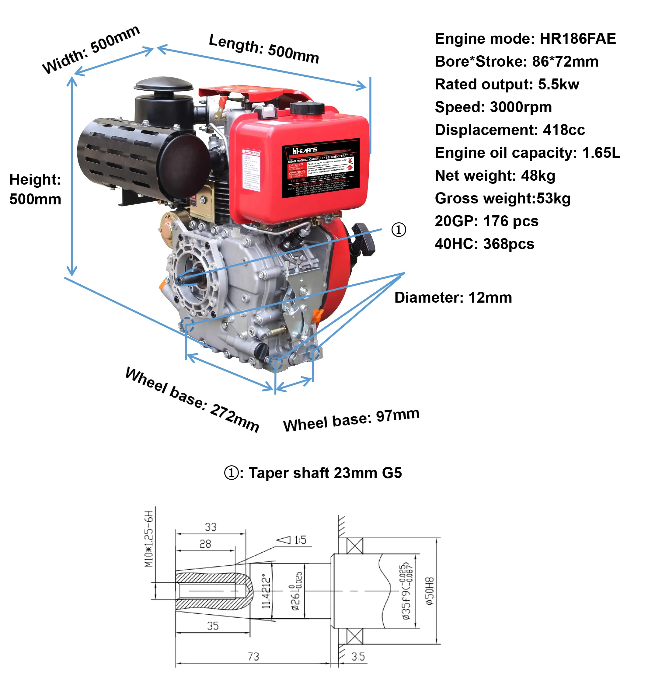 HR186FAE Генератор матрицы 10h·p с воздушным охлаждением двигатель