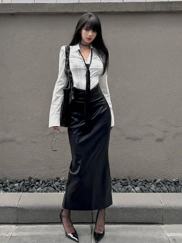 Plus size Chubby Girl Cool Siren Sle Slim fit Long sleeve Shirts 2024 Autumn and Winter Royal Sister Black Leather Skirt Tw...