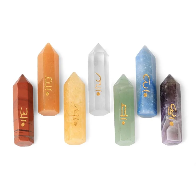 

7 Chakra Natural Stones Decoration Hexagon Pillar Column Stone Set with Box Healing Point Pyramid Craft Home Decoration
