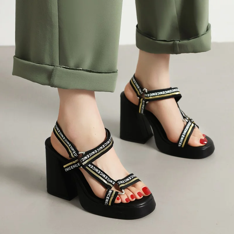 fashion design thick high heels platform sandals cross strap  denim women's sandals summer dress shoes sexy ladies party shoes