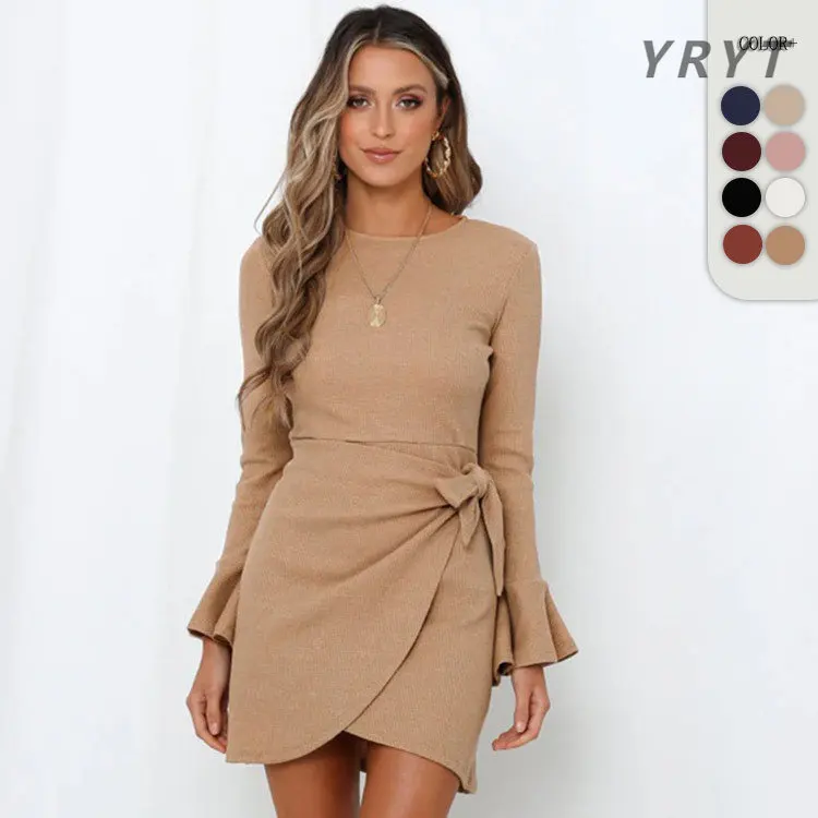 

Waffle design sense dress summer new solid color round neck skirt flared long-sleeved A-line skirt