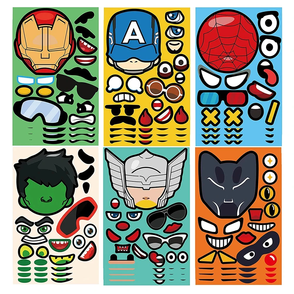 

6/12Sheets Disney Marvel Super Hero Puzzle DIY Make a Face Sticker Books Set for Kids Cute Cartoon Sticker Funny Gift for Kids