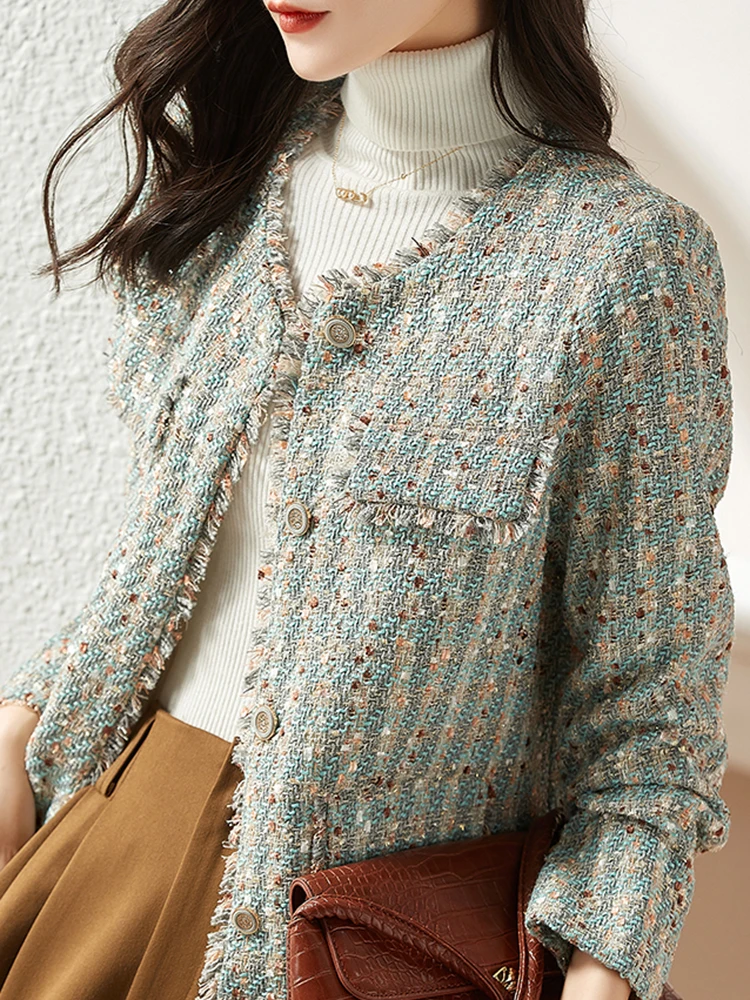 

Fashion Ladies Tweed Woolen Jacket for Women 2023 Autumn Winter Coats Vintage O Neck Chaquetas Jacqueta Feminina Outerwear