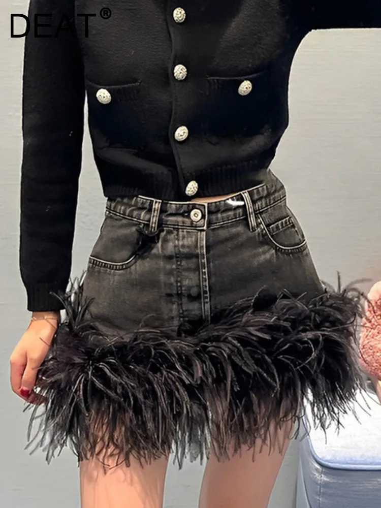 DEAT Fashion Women's Denim Skirt High Waist Streetwear Black Patchwork Feather A-line Skirts Spring 2023 New Trendy 17A5616