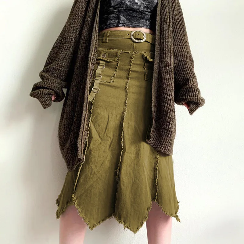 

Women Cargo Denim Skirts Fashion Straight Irregular Pocket Hip Long Skirts Streetwear Vintage Raw Edge Hem Slim High Waist Skirt