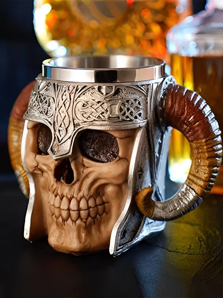 

Кружка для напитков викингов, кружка из нержавеющей стали с черепом, пивной козий гудок, кружки из смолы, кофейные кружки, подарок на Хэллоуи...