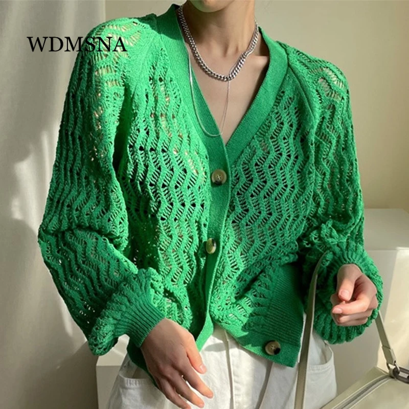 

WDMSNA Korean Chic Retro Sunscreen Cardigans Wave Pattern Hollow Out Knitted Sweater Women Autumn Loose Long Sleeve Sweaters