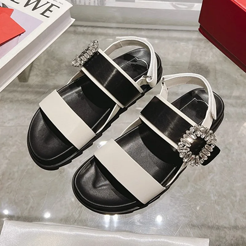 

23 Summer New Women's Sandals Top Quality Designer Shoes Luxury Fashion Casual Sandals Diamond Genuine Cow Leather Ladies Shoes
