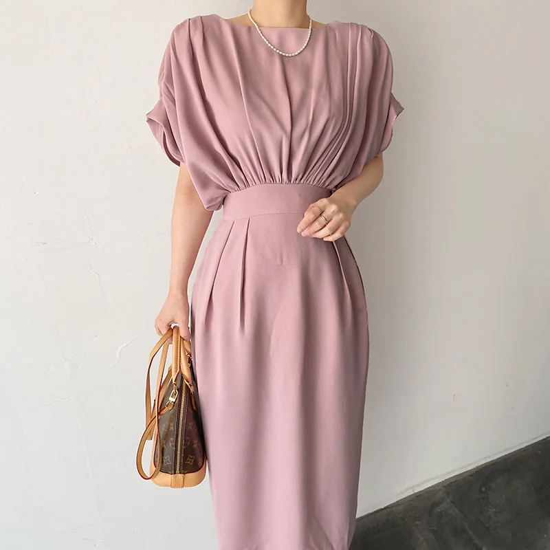 

SuperAen 2022 Summer Solid O Neck Fold Waist Slim Flying Sleeve Straight Casual Mid-Calf Dresses for Women