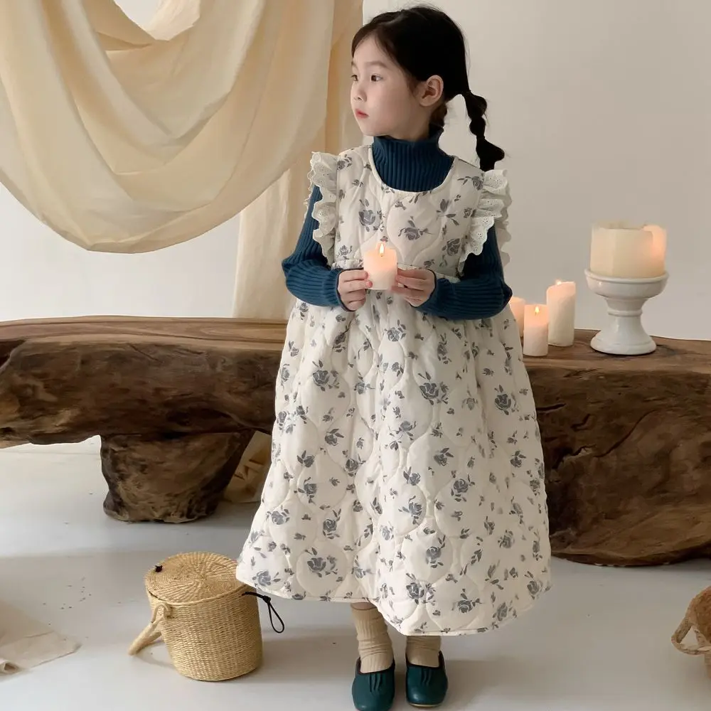 

2023 Winter Baby Girls Korean Tank Top Long Dress Teenage Children's Sweet Thickened Lace Floral Vest Dress Big Girls Clothes