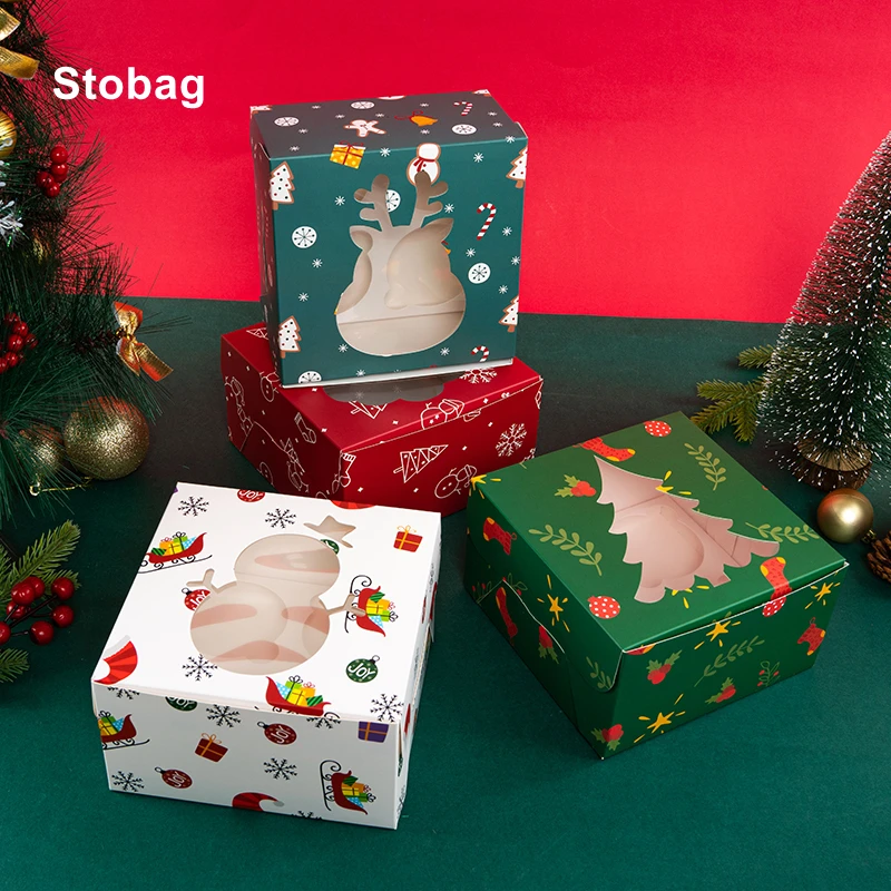 

StoBag 12 шт., Рождественская Подарочная коробка, упаковка для конфет, печенья, крафт-бумага, окно, Санта-Клаус, подарки для детей на праздник, веч...