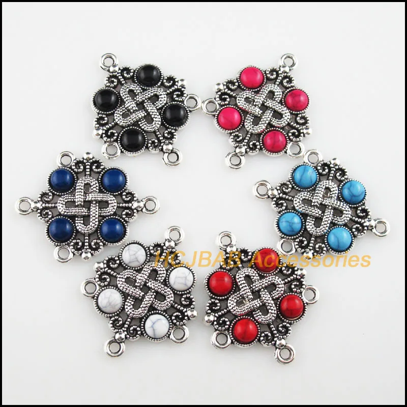 Модный 6 шт. Тибетский посеребренный узел Смешанные акриловые Подвески Цветы Разъемы 30x37 мм