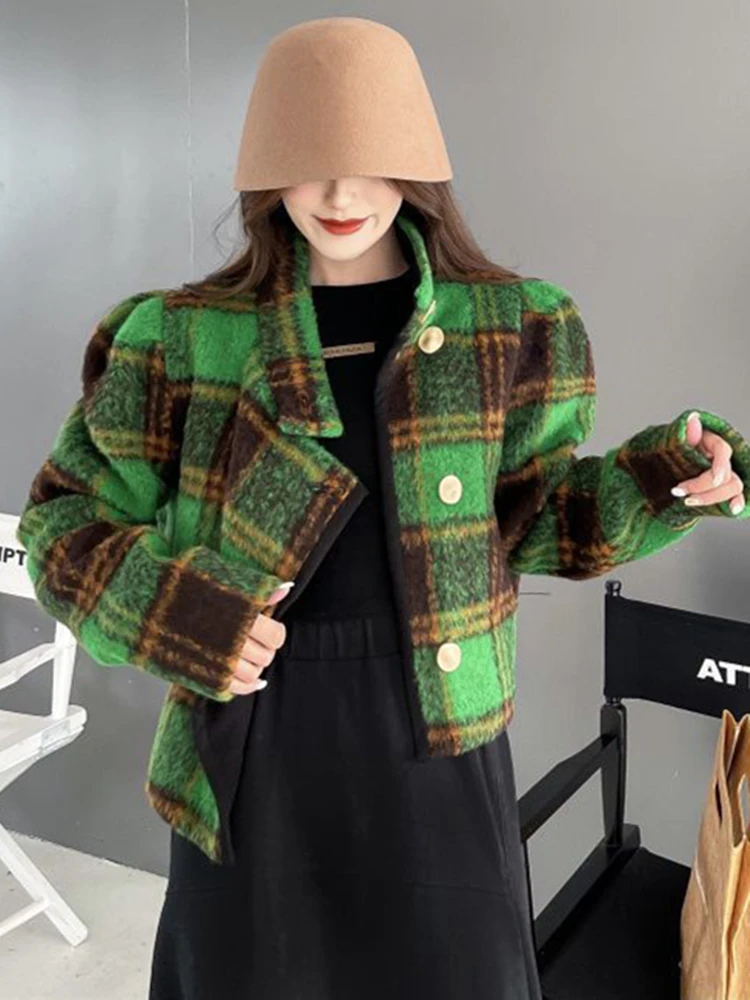 2022 Women Vintage Green  Woolen Jacket Short Coat
