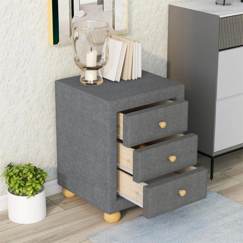 

[Flash Deal]Modern Upholstered Storage Bedside Table with 3 Drawers Natural Wood Handles Modern Look Easy To Assemble