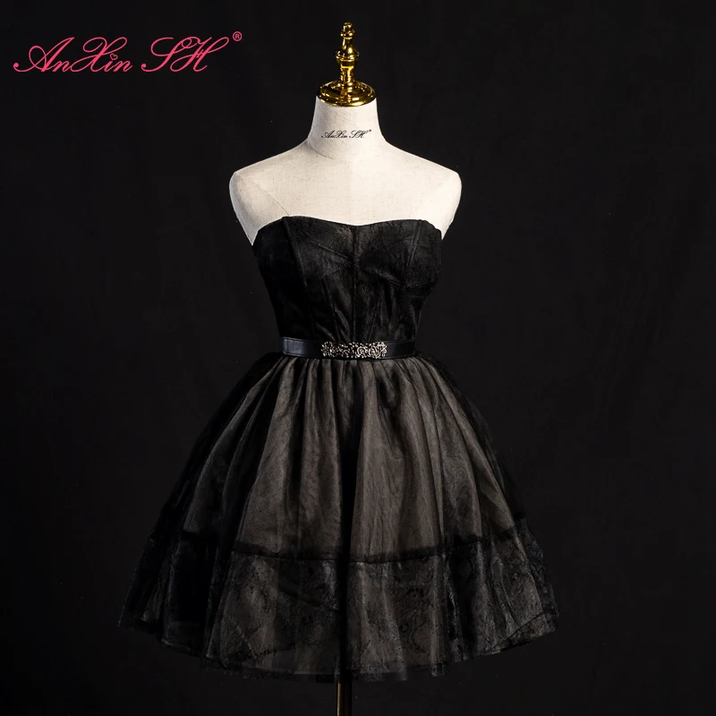

AnXin SH princess black flower lace rose sashes strapless sleeveless party lace up short evenig dress Little black dress