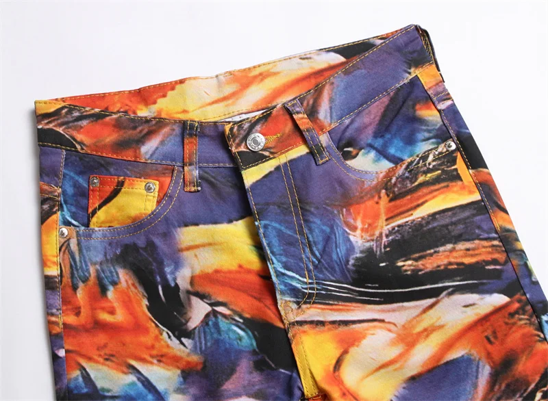 Men's Colorful Graffiti Printed Jeans Y2K Colorful Slim Fit Tapered Elastic Casual Pants Fashion Street Clothing Small Foot Pant