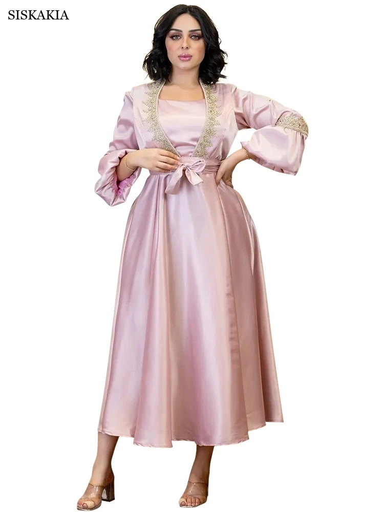 

Siskakia Dubai Arabian Evening Party Dresses for Women Satin Lace Applique Trim Lantern Sleeve Abaya Muslim al-Adha Clothes Pink