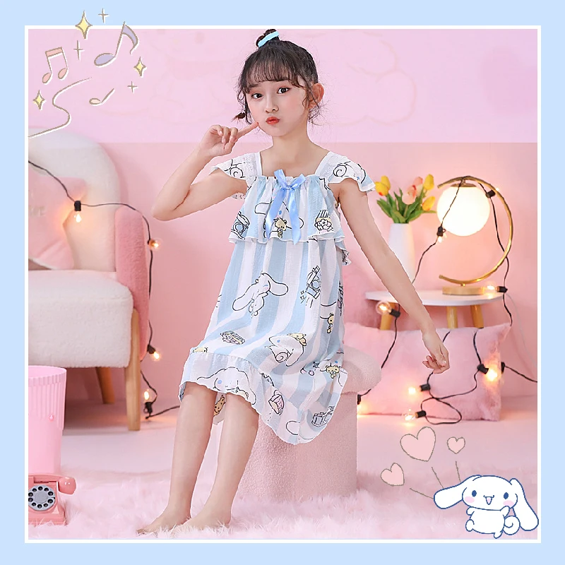 

Kawaii Sanrio Cinnamoroll Детская Пижама Аниме My Melody Kuromi мультфильм хлопок летняя Домашняя одежда детская ночная рубашка