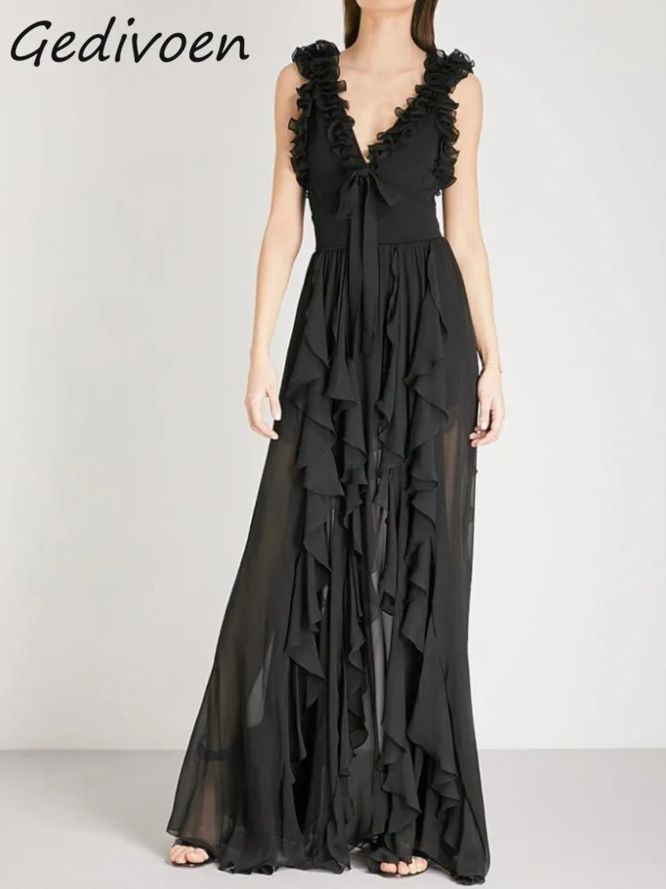 Gedivoen Fashion Designer Summer Vintage Sling  Dress Women V-neck Bow Frenulum Backless Gathered Waist Ruffles Black Long Dress