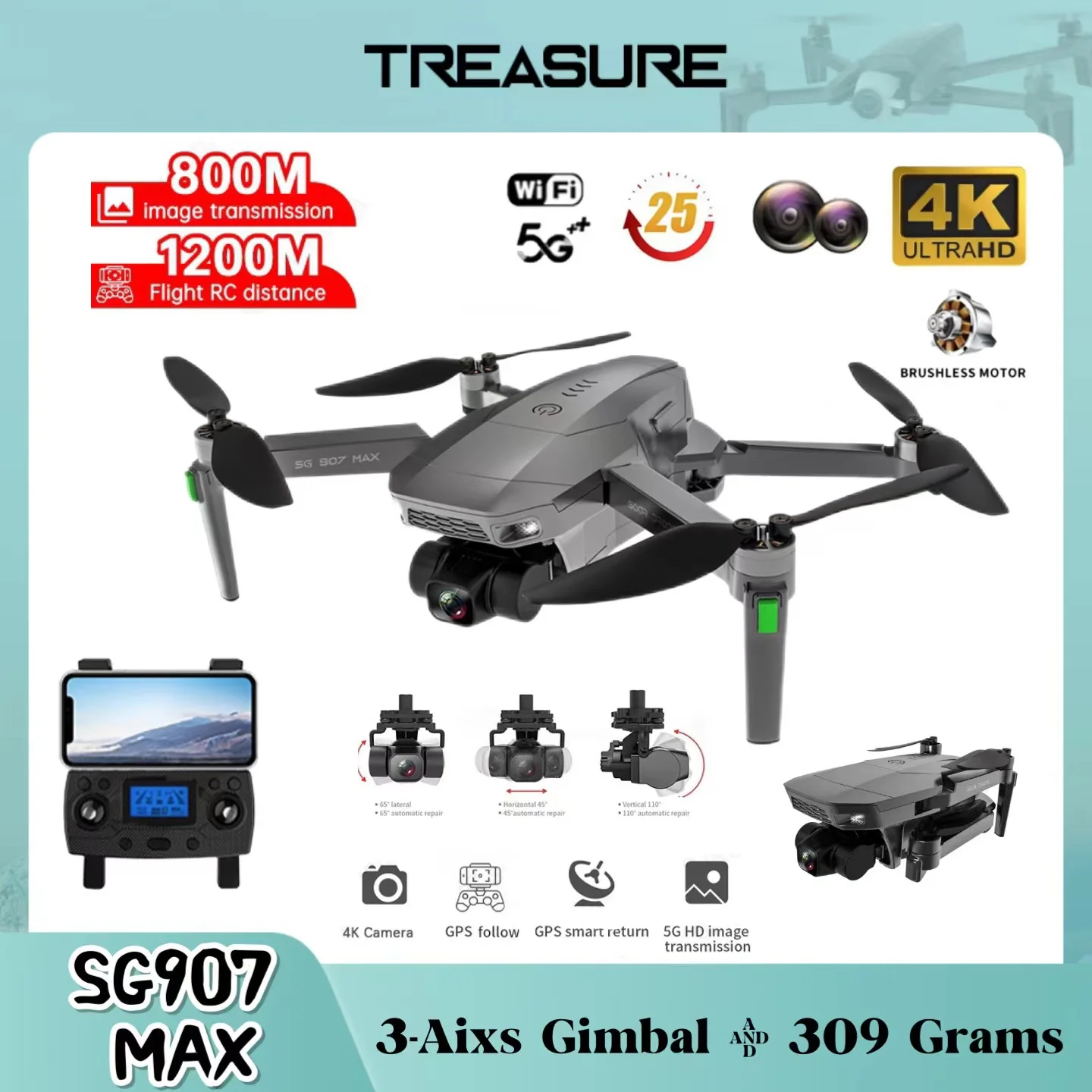 Профессиональный Квадрокоптер SG907 Max, Дрон 4k с GPS, Wi-Fi, FPV, HD, с 3-осевой шарнирной камерой, бесщеточный ру Квадрокоптер