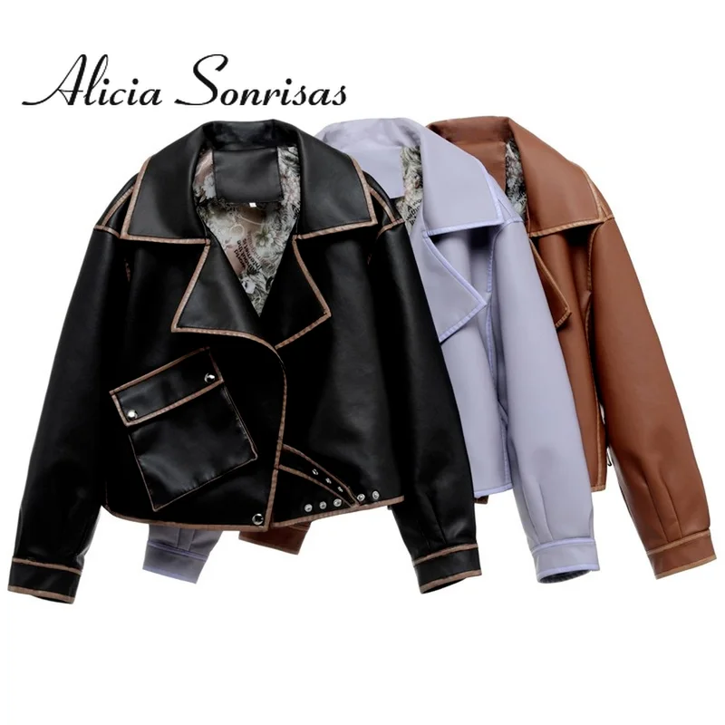 

Women Leather Jacket Short New 2022 Early Spring New Loose Fashion Black Motorcycle PU Faux Leather Biker Brown Coat